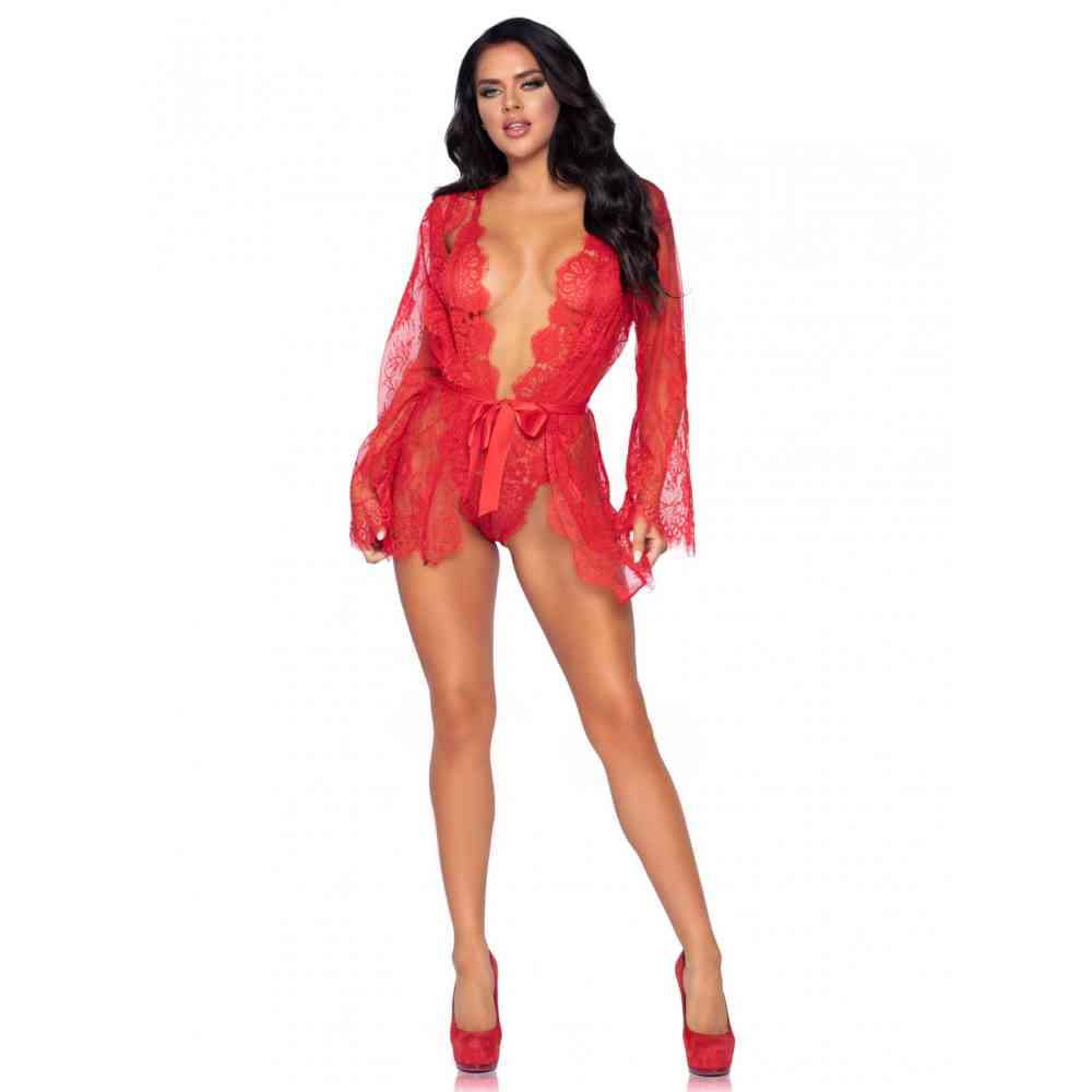 Leg Avenue - Floral Lace Teddy Body und Robe - Rot